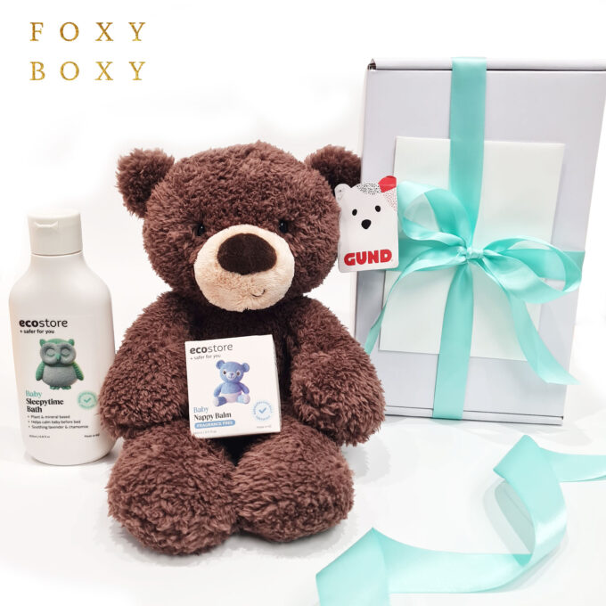 Welcome Little One gift box by FOXY BOXY. A delightful hamper for a baby boy or baby girl. Delivered to their door NZ-wide.