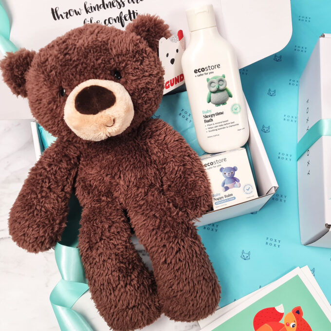 Foxy Boxy Welcome To The World baby gift box featuring the cutest GUND teddy bear, Ecostore nappy balm and Ecostore baby sleepytime bath