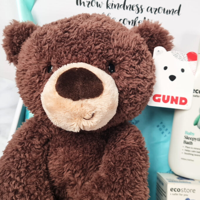 Close of the cutest teddy face you ever did see. Chocolate GUND Fuzzy.