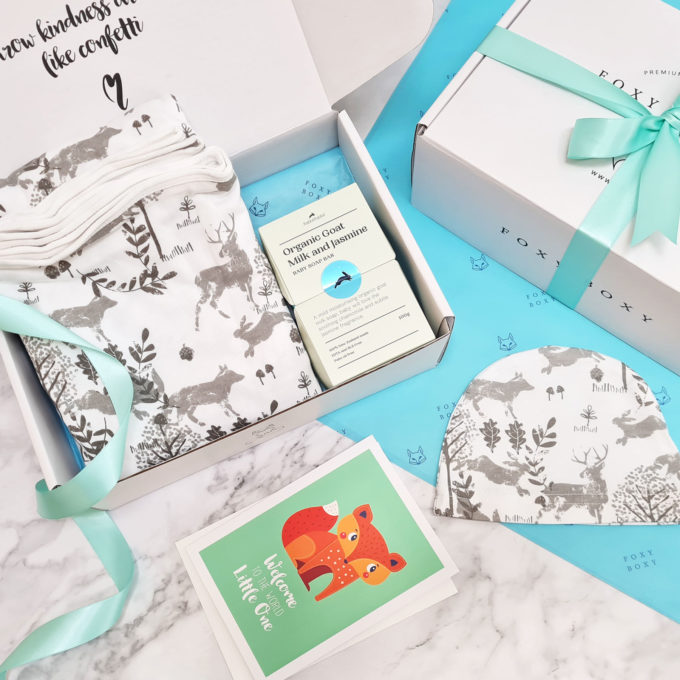 Little Bundle Of Joy gift box with Organic Swaddle Set in Woodlands Forest print, NZ Baby Hamper