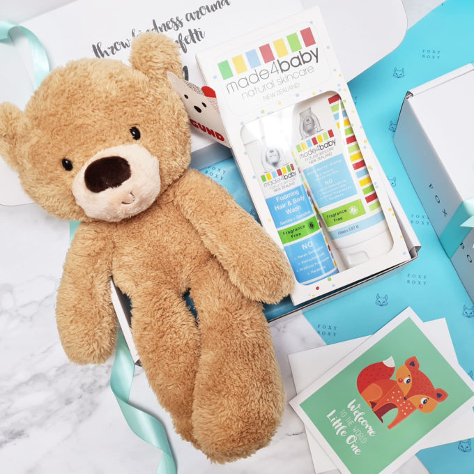 Baby Gift Box with cutest GUND bear, NZ baby hamper, FOXY BOXY