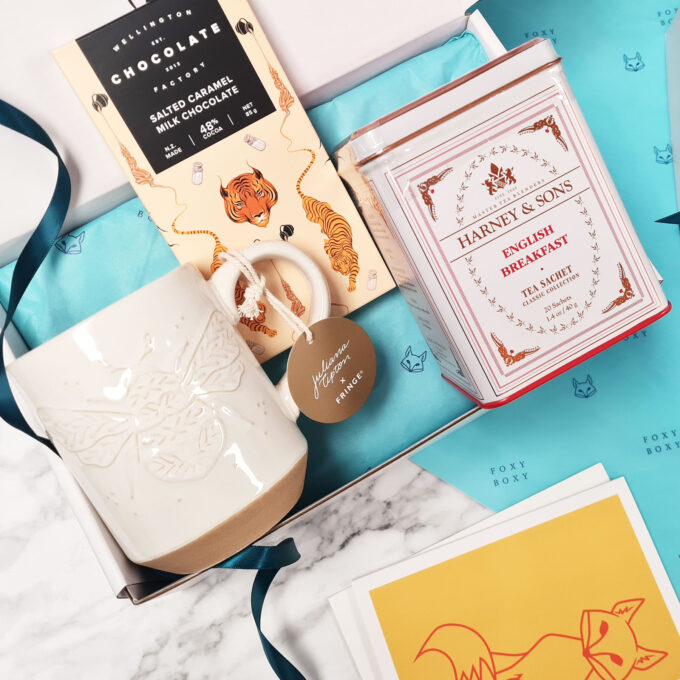 Tea Appreciation gift box by FOXY BOXY. Featuring Bumble Bee Mug from Fringe Studio, Harney & Sons English Breakfast Tea, and finally Salted Caramel Milk Chocolate from Wellington Chocolate Factory