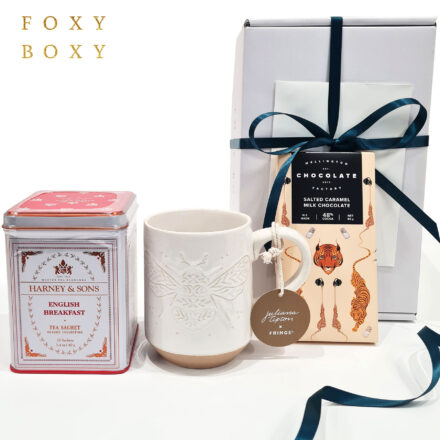 Tea Appreciation Gift Box By FOXY BOXY. Featuring Bumble Bee Mug From Fringe Studio, Harney & Sons English Breakfast Tea, And Finally Salted Caramel Milk Chocolate From Wellington Chocolate Factory