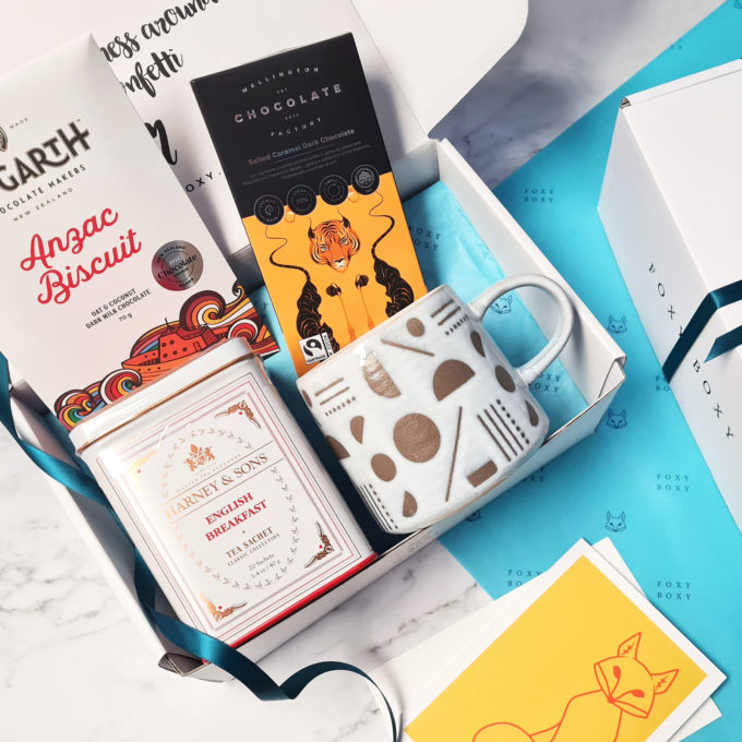 Tea Appreciation gift box by FOXY BOXY. Award-winning New Zealand craft chocolate, tin of premium tea and a stylish mug