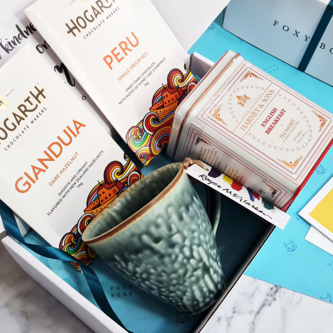 Tea Appreciation gift box, NZ pottery mug, NZ award-winning chocolate, Harney & Sons tin of tea