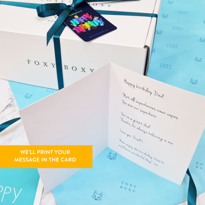 Inside FOXY BOXY happy birthday card customer message printed