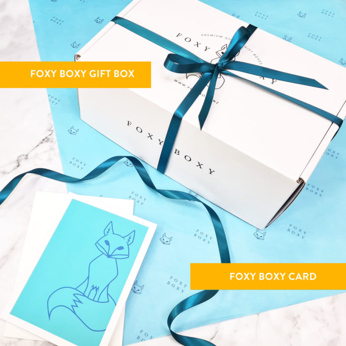 FOXY BOXY gift box presentation, custom tissue, foxy card, teal ribbon