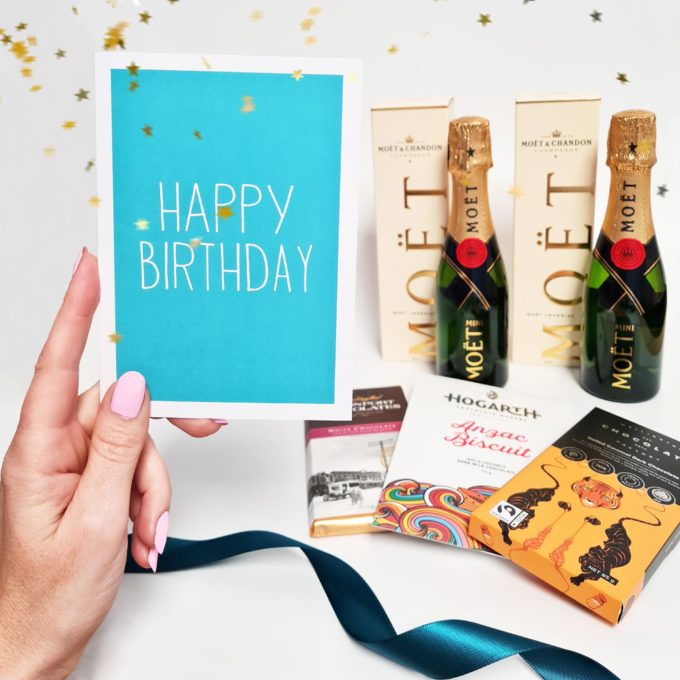 Sparkling Celebration gift box by FOXY BOXY with "happy birthday" card