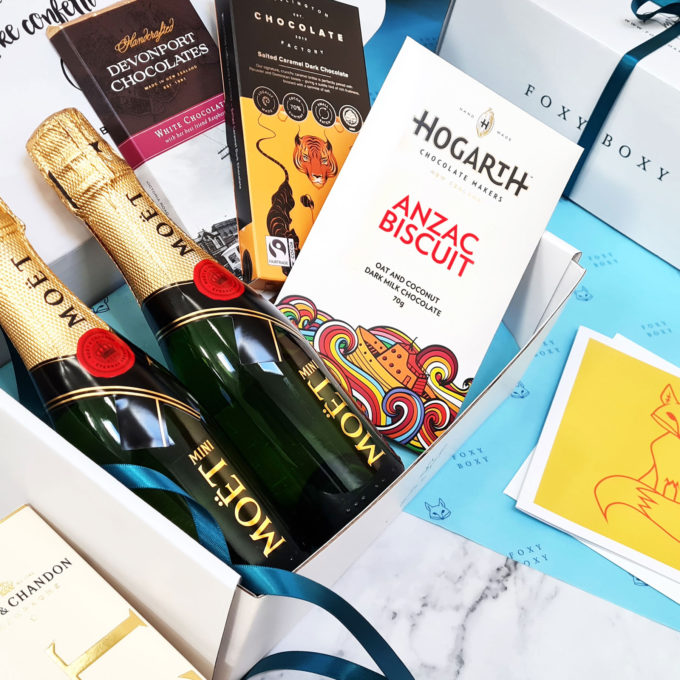 OXY BOXY sparkling celebration gift box, French Champagne, Mini Moet, NZ craft chocolate