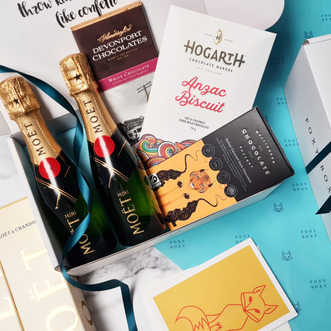 Sparkling Celebration gift box by FOXY BOXY NZ. Champagne and award-winning New Zealand Chocolate