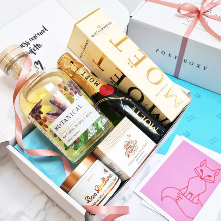 FOXY BOXY Pretty Gold Luxury Gift Box For Her, Face Mask, Bubble Bath And French Champagne
