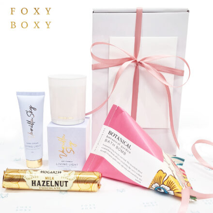 Whole Lot Of Love Gift Box By FOXY BOXY. Delicious Bean To Bar Award-winning Chocolate, Luxury Bath Bomb, Scented Soy Candle And Hand Cream. 100% NZ Made