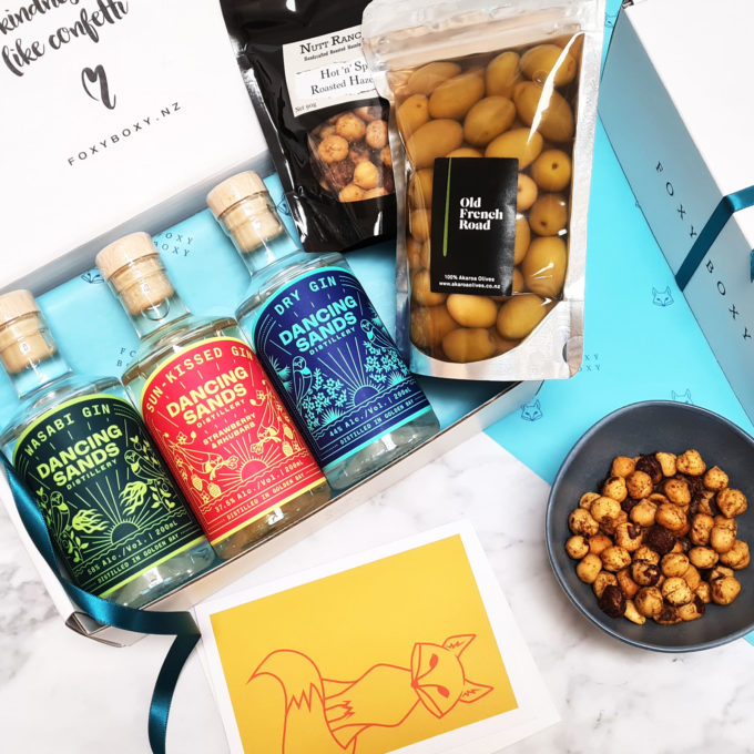 NZ Gin Tasting Gift Box featuring dry gin, strawberry and rhubarb gin, wasabi gin, NZ table olive, NZ roasted hazelnuts