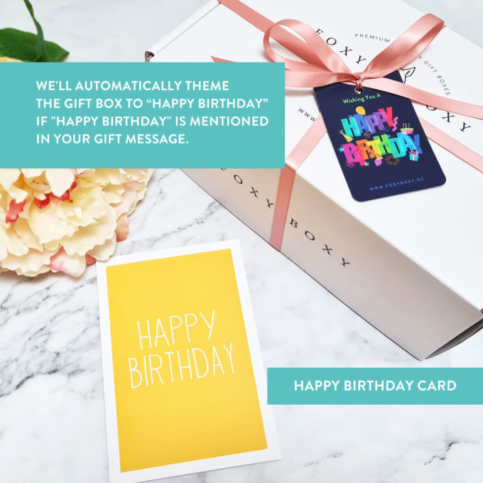 Happy birthday gift box with birthday card blush ribbon