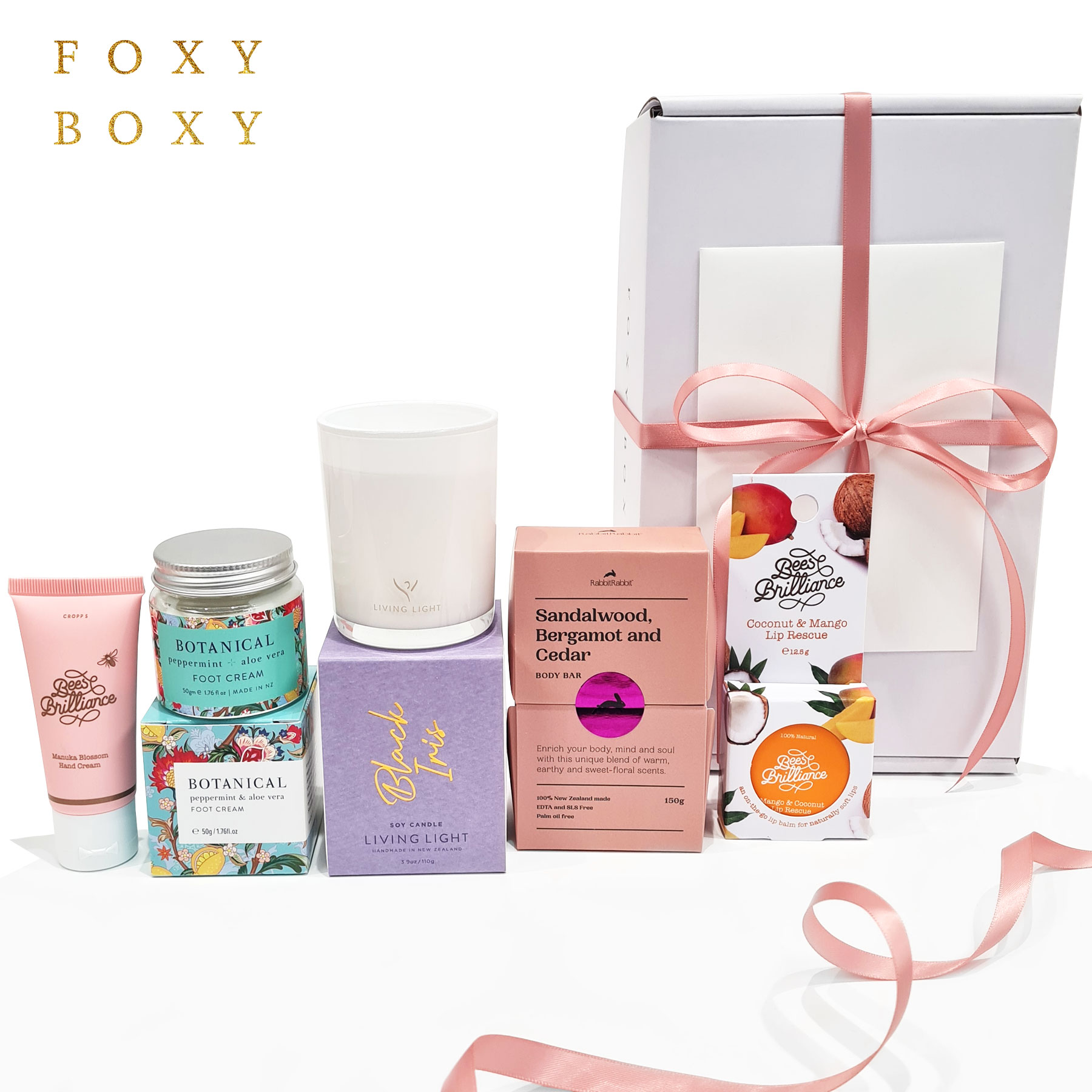 FOXY-BOXY-yes-you-gift-box-pamper-New-Zealand-wide-delivery Yes You gift box with 5 New Zealand-made pamper products: hand cream, scented soy candle, peppermint foot cream, luxury soap and coconut & mango lip balm.