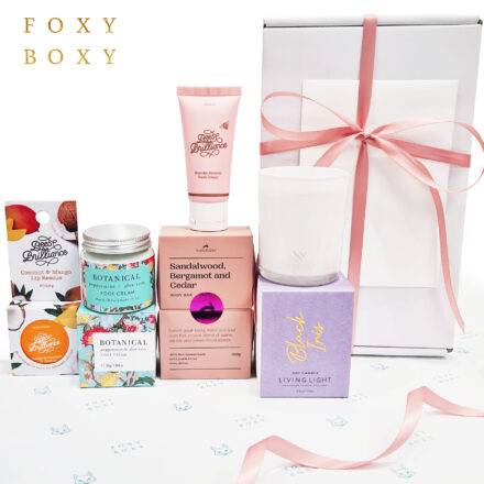 Yes You Pamper Gift Box By FOXY BOXY. Delivered NZ-wide. Scented Soy Candle, Luxury Soap, Manuka Blossom Hand Cream, Peppermint & Aloe Vera Foot Cream And Coconut & Mango Lip Balm