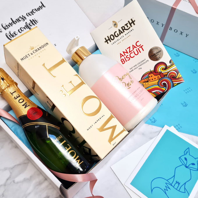 Charlotte Gift Box, featuring Mini Moet, Living Light Body Lotion and NZ Craft Chocolate