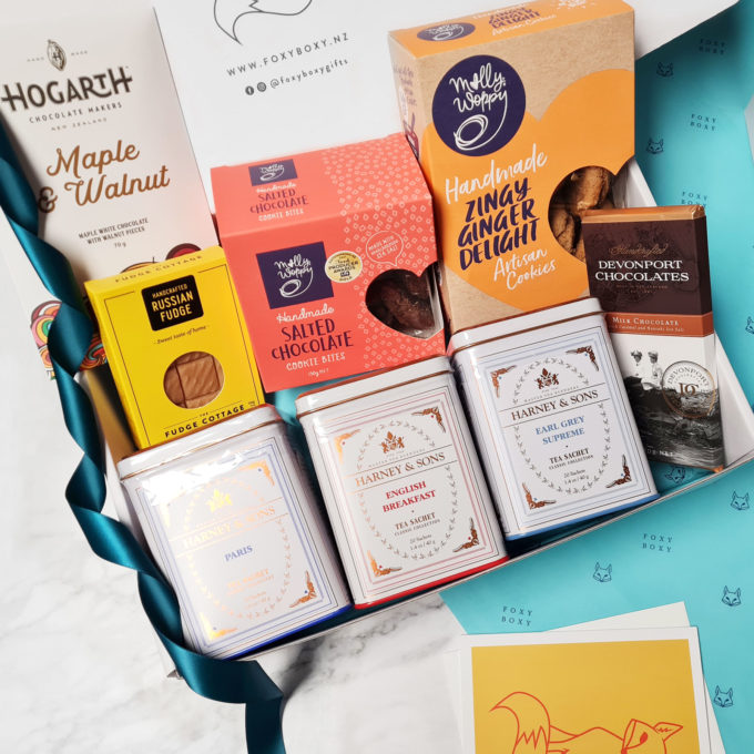 High Tea gift box by FOXY BOXY. Features 3 varieties of premium tea from Harney & Sons, a selection of NZ craft chocolate and 2 varieties of NZ cookies