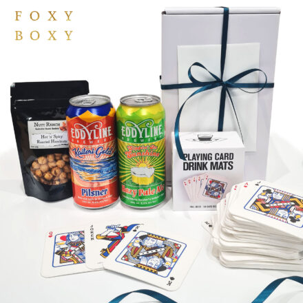 The Perfect Gift Box For Beer Drinkers. Two Delicious Beers From Eddyline Brewery, Hot 'n Spicy Roasted Nuts And The Coolest Playing Card Drink Mats (a Full Deck Of 54 Cards)
