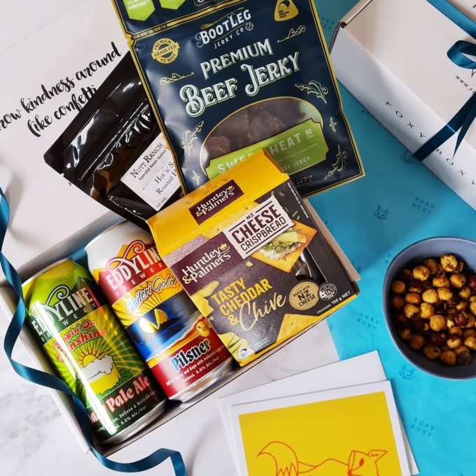 NZ Beer & Nibbles Hamper FOXY BOXY gift boxes, Pilsner, Hazy Pale Ale