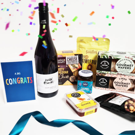Central Otago Pinot Noir Hamper By FOXY BOXY With "a Big Congrats" Greeting Card. Delivered NZ-wide.