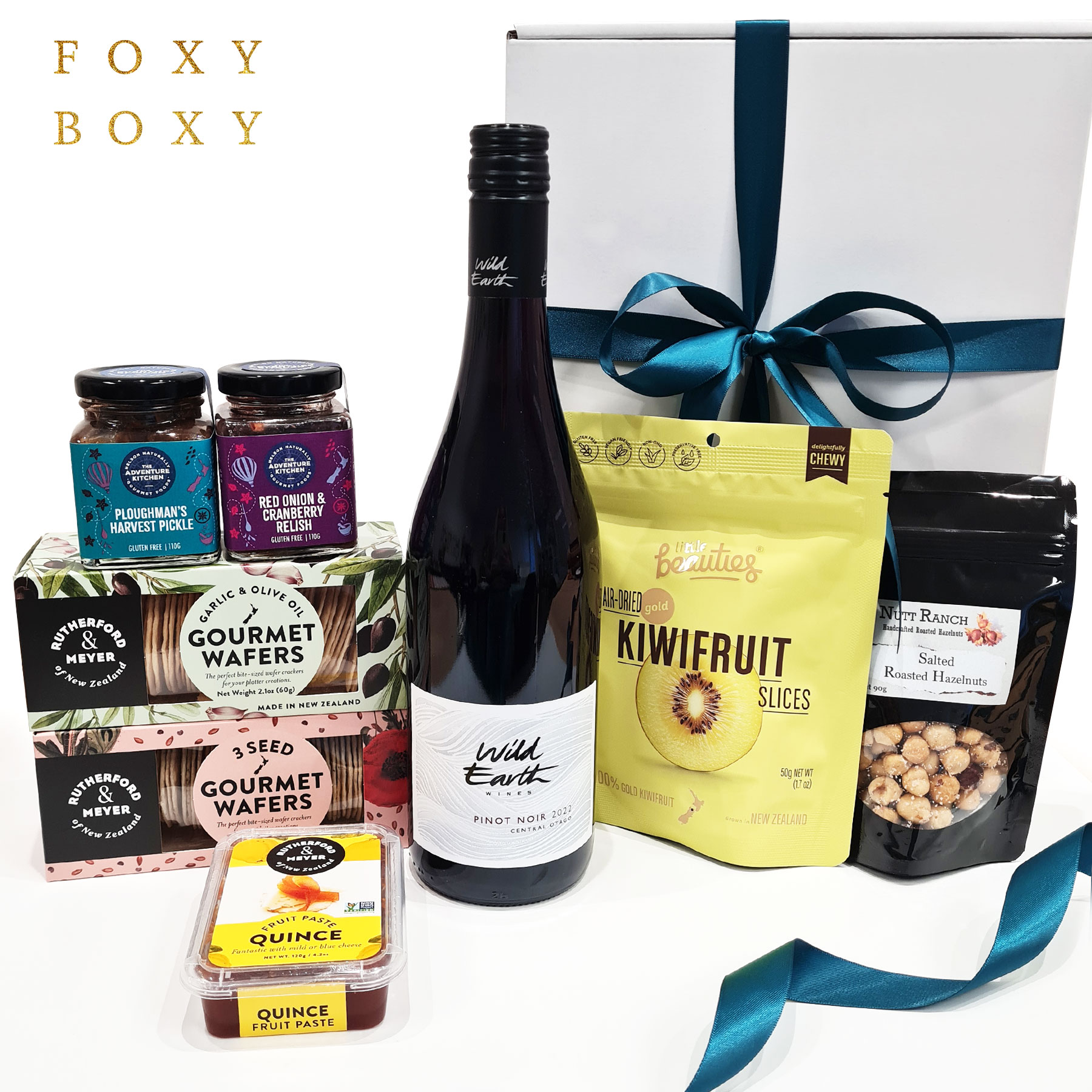 FOXY-BOXY-Central-Otago-Pinot-gift-box-delivered-NZ-wide-Wild-Earth-Pinort-Noir Central Otago Pinot & Nibbles gift box by FOXY BOXY. All New Zealand made and delivered nationwide