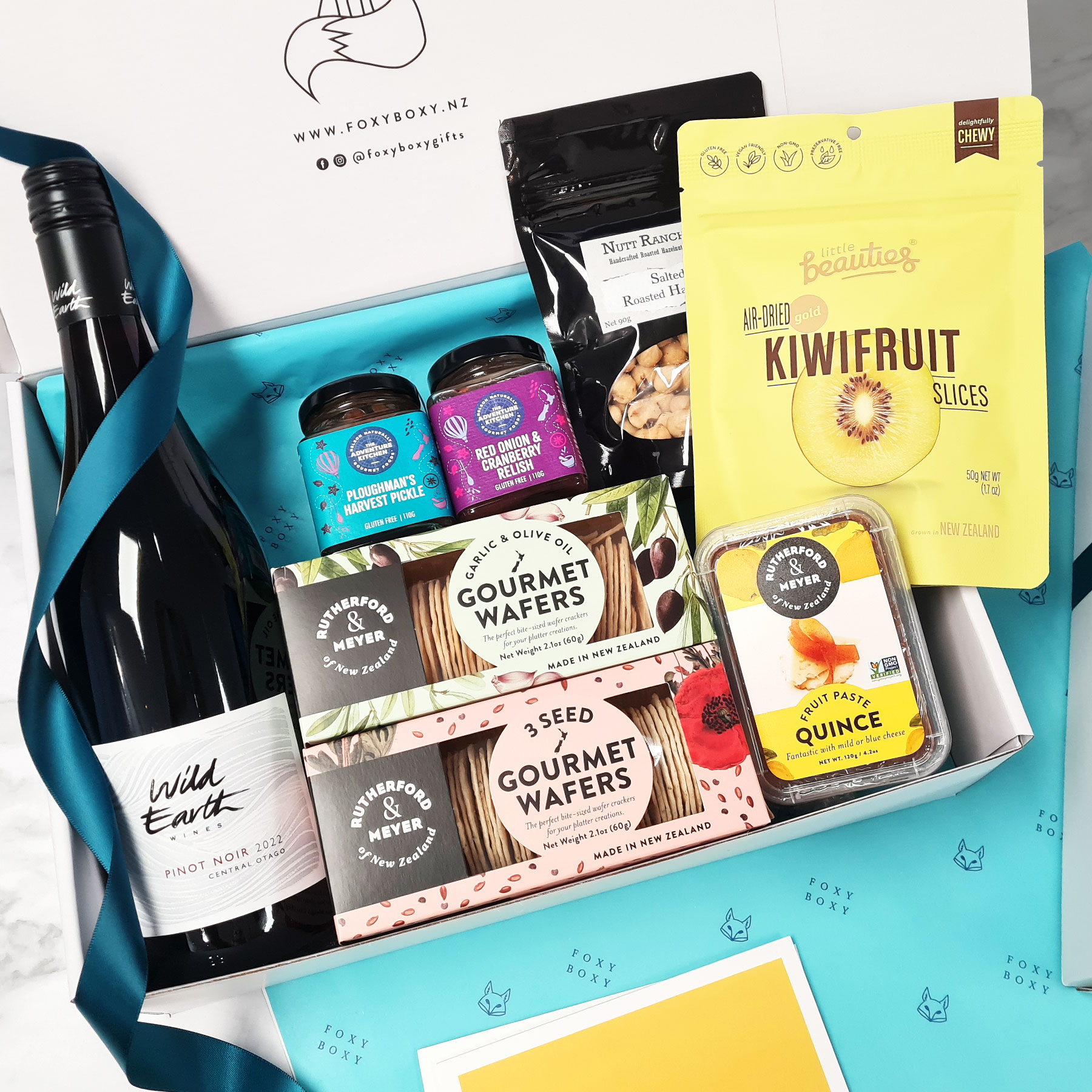FOXY-BOXY-Central-Otago-Pinot-gift-box-delivered-NZ-wide Central Otago Pinot & Nibbles gift box by FOXY BOXY. All New Zealand made and delivered nationwide