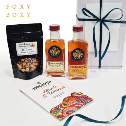 Whisky & Treats Gift Box By FOXY BOXY. Delivered New Zealand Wide. 100% NZ-made With 2 Varieties Of Flavoured Whisky From Thunderdonk, Award-winning Chocolate And Hot 'n Spicy Roasted Hazelnuts.