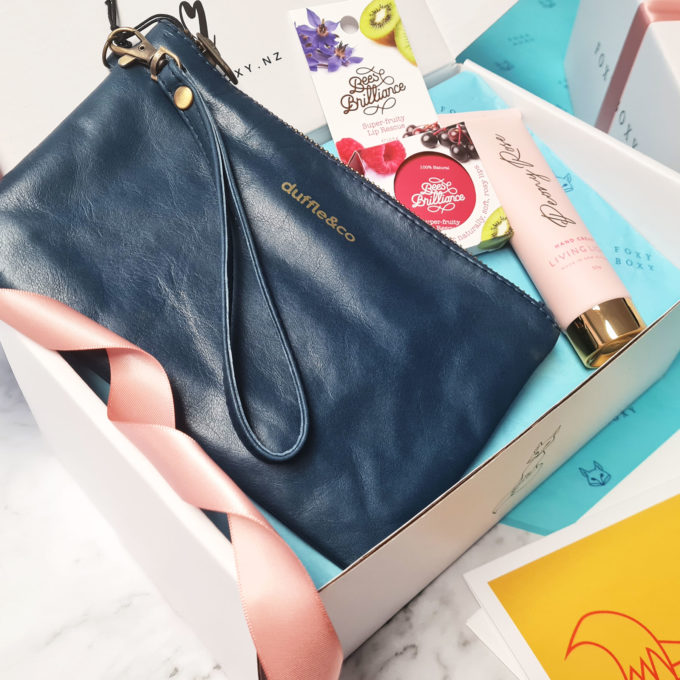 She Is Wonderful gift box by FOXY BOXY with blue leather clutch.