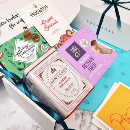 Tea, Cookies & Treats Gift Box By FOXY BOXY. Harney & Sons English Breakfast Tea, Molly Woppy Shortbread, Hogarth ANZAC Biscuit Chocolate, Baron Hasselhoff's Salted Caramels