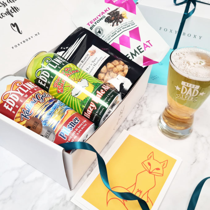 Best Dad Ever Hamper. Features 2 NZ beers, roasted nuts, beer glass with "best dad ever" print and biltong snack.