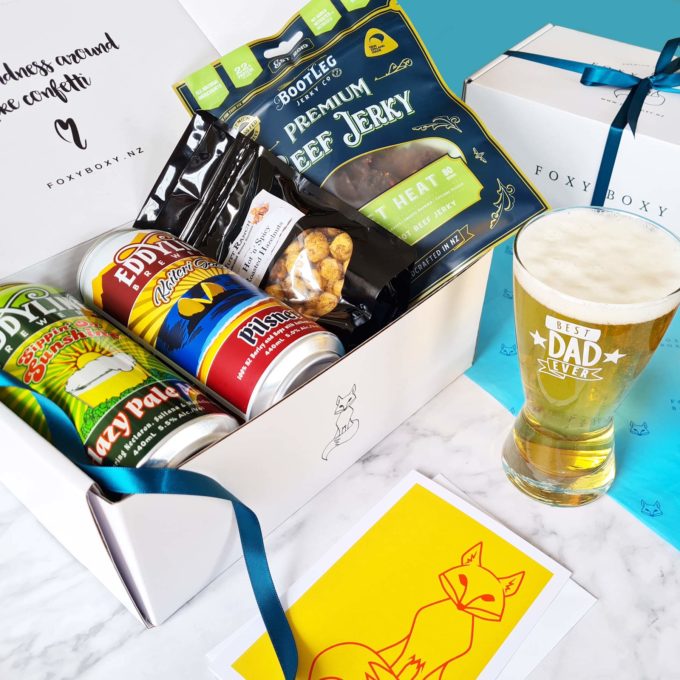 NZ Beer Gift Box, with "best dad EVER" beer glass FOXY BOXY