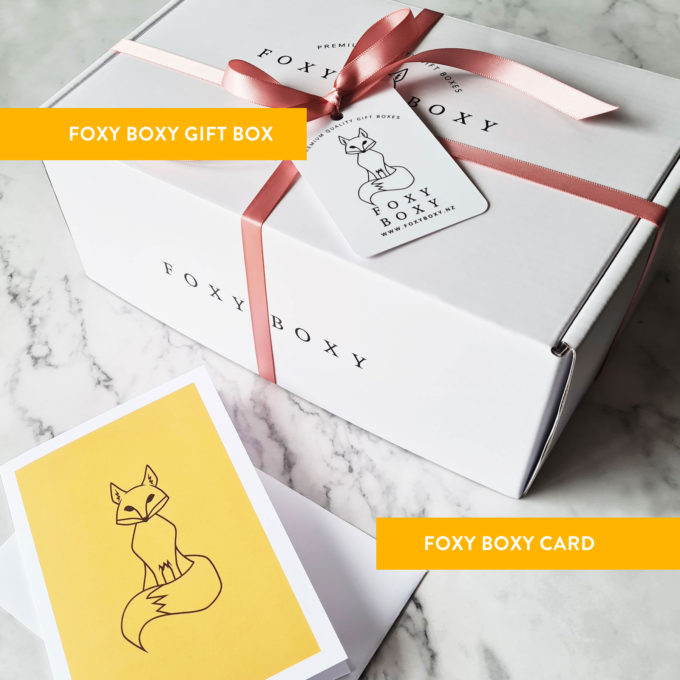 FOXY BOXY gift box with blush pink ribbon and yellow card