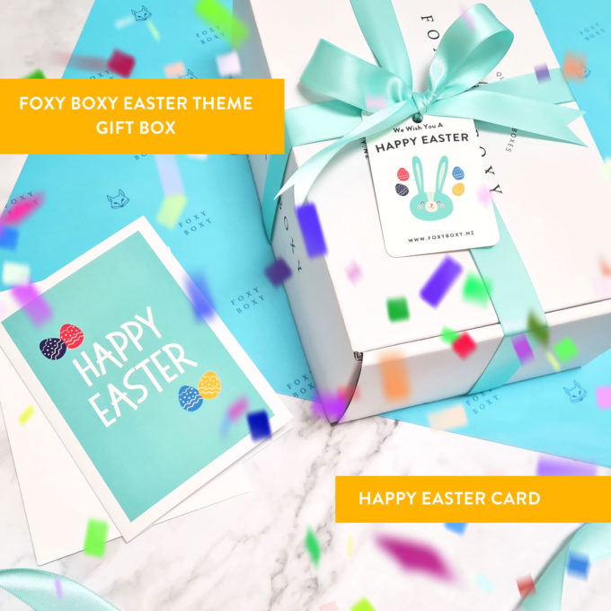FOXY BOXY Easter gift box theme with "Happy Easter" card