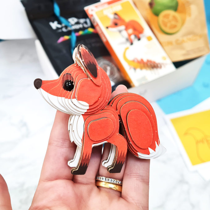 Close up of Eugy 3D Red Fox model, Kids Hamper Gift Box