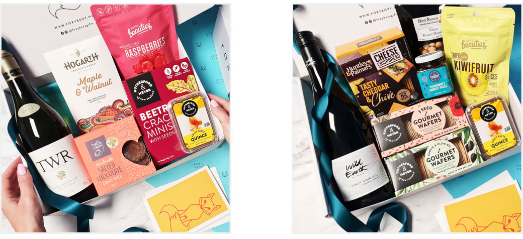 New Zealand wine and gourmet treats hampers by FOXY BOXY gift boxes