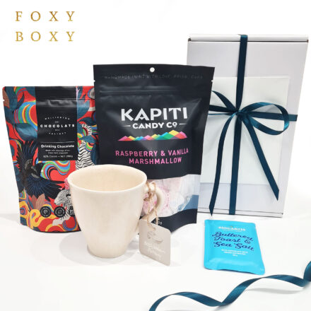 Hot Choc Love Gift Box By FOXY BOXY. Features McGlashen Pottery Mug, Wellington Chocolate Factory Hot Chocolate, Kapiti Candy Fresh Marshmallows, Hogarth Award-winning Chocolate.