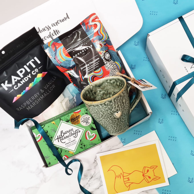 Hot Chocolate hamper gift box, heart mug, drinking chocolate, marshmallows and salted caramels FOXY BOXY