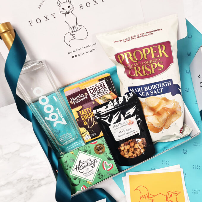 Golden Vodka & Nibbles Hamper delivered New Zealand-wide by FOXY BOXY