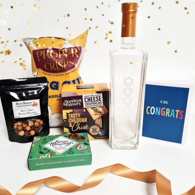 Golden Vodka & Nibbles Hamper by FOXY BOXY Gift Boxes New Zealand. Pictured with the "A Big Congrats" greeting card.