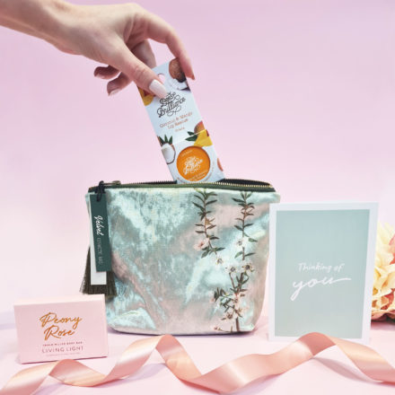 Beautiful Pamper Hamper By FOXY BOXY. Features Cosmetic Bag With Manuka Blossom Print, Luxury Peony Rose Scented Soap And Quality NZ Made Lip Balm