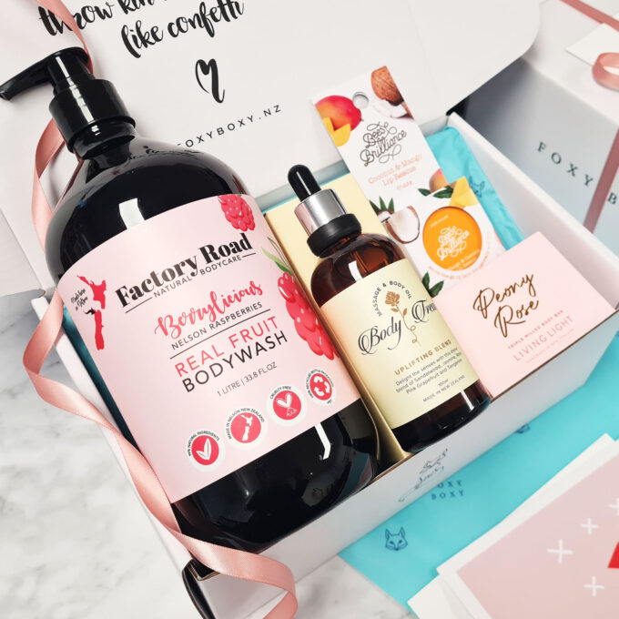 Beautiful Pamper Hamper by FOXY BOXY. Berrylicious Bodywash, Nourishing Body Oil, Luxury Soap Bar, Lip Balm - all New Zealand made.
