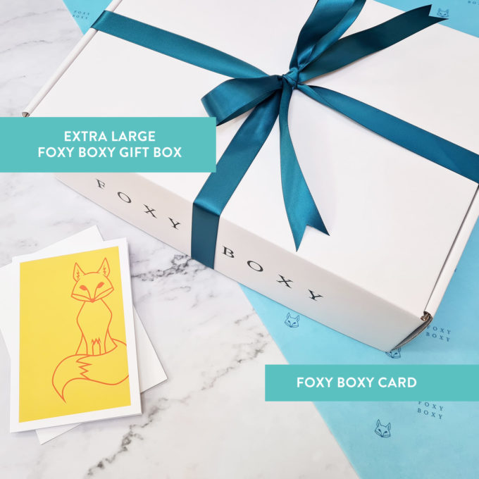 FOXY BOXY extra large gift box with teal ribbon and yellow card