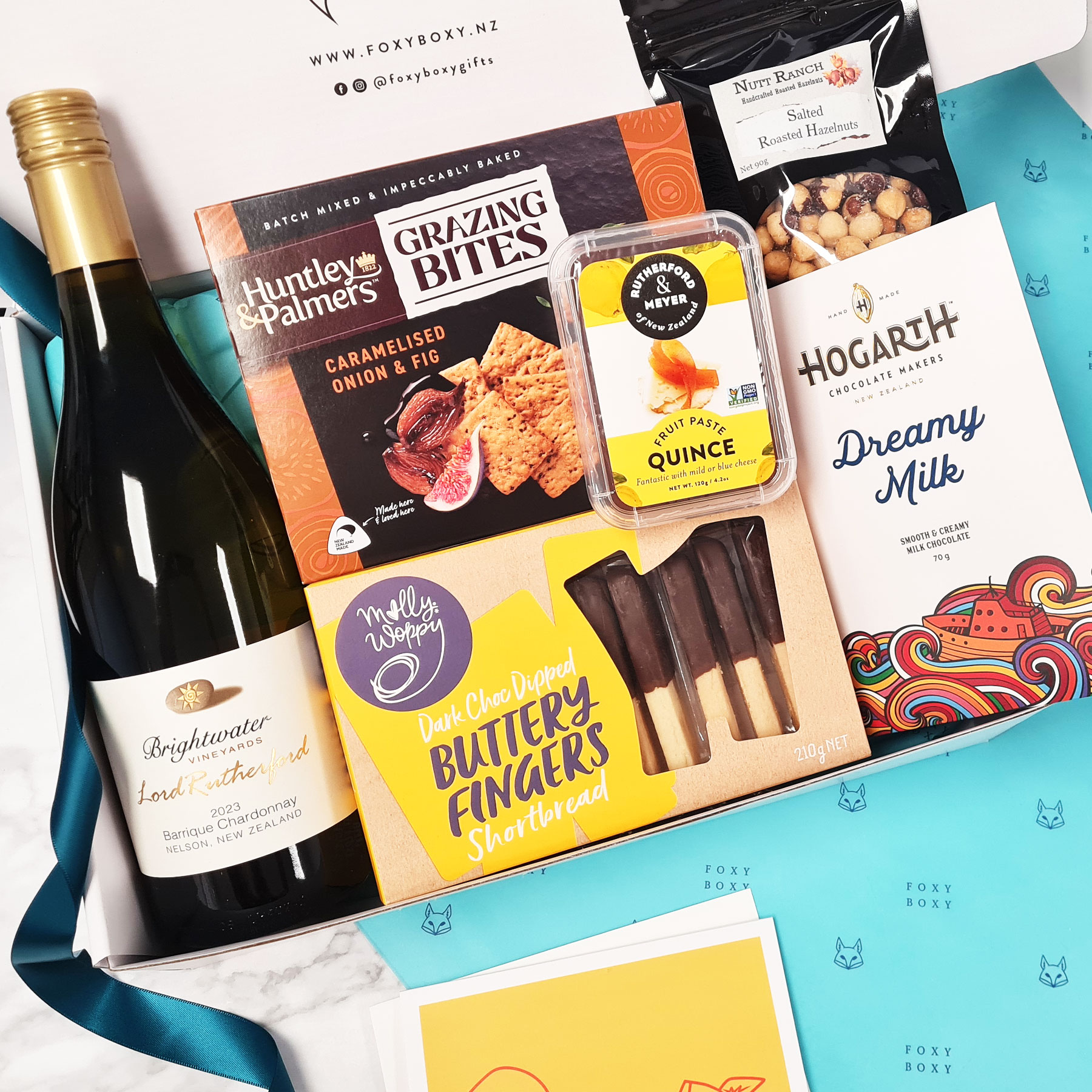 FOXY-BOXY-Nelson-chardonnay-and-nibbles-hamper-NZ-wine-gift-box-delivered Nelson Chardonnay & Nibbles wine hamper by FOXY BOXY.