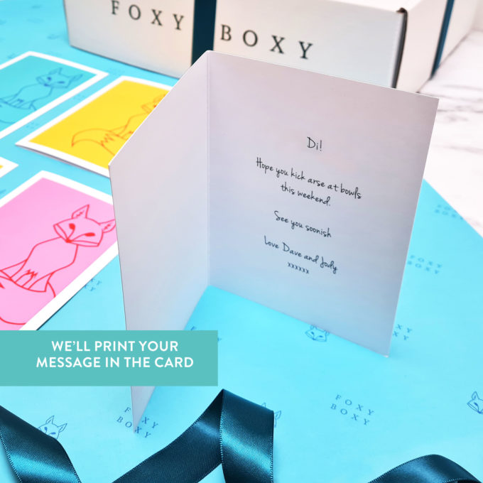 Folded FOXY BOXY card with message inside