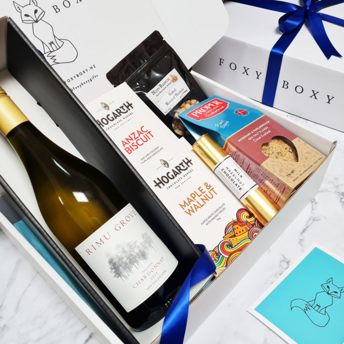 NZ Chardonnay hamper, wine gift box with treats
