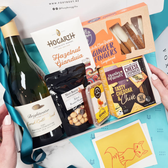 Exquisite Nelson Chardonnay and gourmet treats hamper from FOXY BOXY New Zealand gift boxes