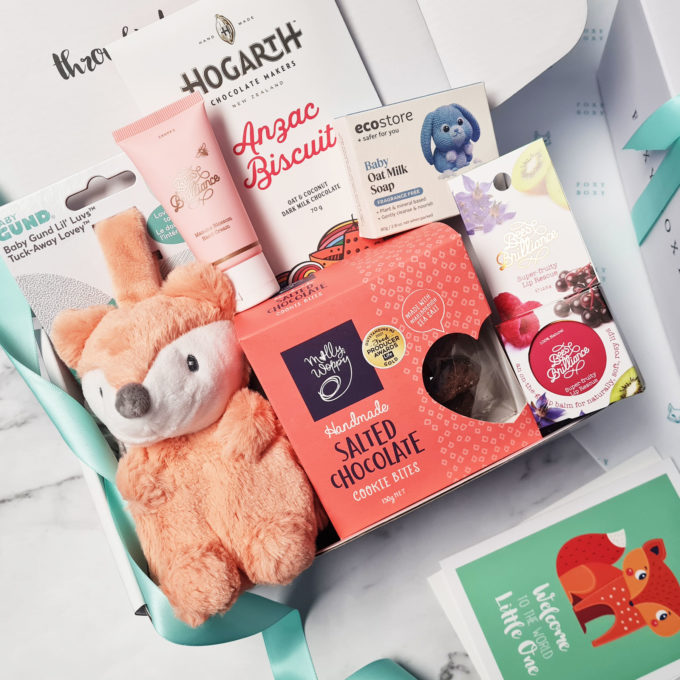 Mum and Bub gift box. Gifts for baby and a few lovely treats for mum too. FOXY BOXY gift hampers New Zealand.