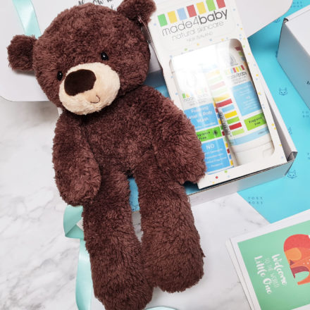 Cute Baby Gift Box With GUND Teddy Bear, Foaming Hair & Body Wash, Botty Barrier Creme