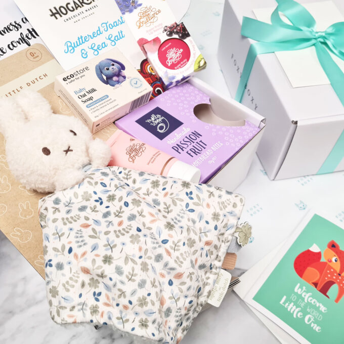 Mum & Bub gift box by FOXY BOXY. Features cute Miffy x Little Dutch Lucky Cuddle Blanket, baby soap and treats for mum.